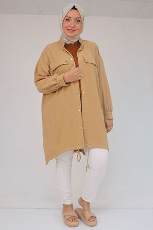 53013 Büyük Beden Dik Yakalı Manşetli Keten Kap - Hardal