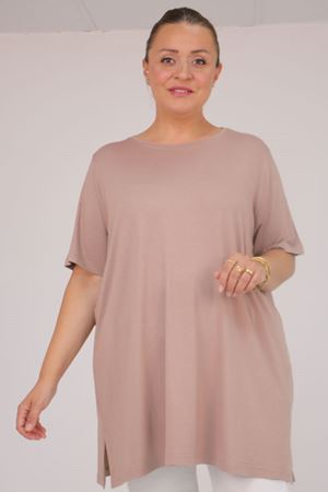 58507 Büyük Beden Yakası Biyeli Penye Tişört - Bej