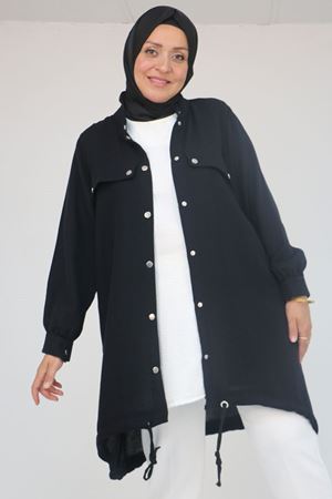 53013 Büyük Beden Dik Yakalı Manşetli Keten Kap - Siyah