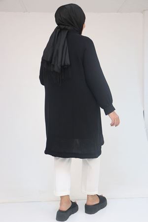 53013 Büyük Beden Dik Yakalı Manşetli Keten Kap - Siyah
