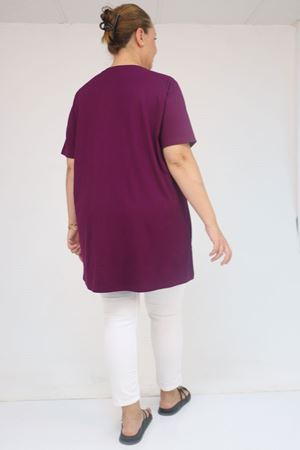 58507 Büyük Beden Yakası Biyeli Penye Tişört - Mürdüm