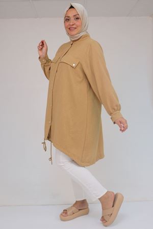 53013 Büyük Beden Dik Yakalı Manşetli Keten Kap - Hardal