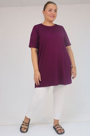 58507 Büyük Beden Yakası Biyeli Penye Tişört - Mürdüm