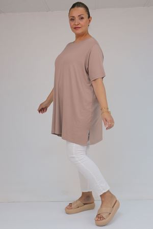 58507 Büyük Beden Yakası Biyeli Penye Tişört - Bej