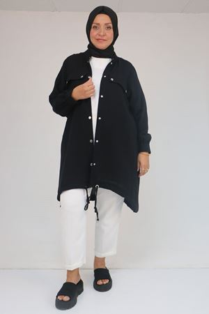 53013 Büyük Beden Dik Yakalı Manşetli Keten Kap - Siyah