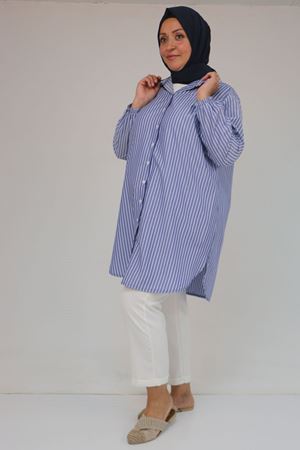 F-58098 Büyük Beden Erkek Yakalı Çizgili Poplin Gömlek - Lacivert