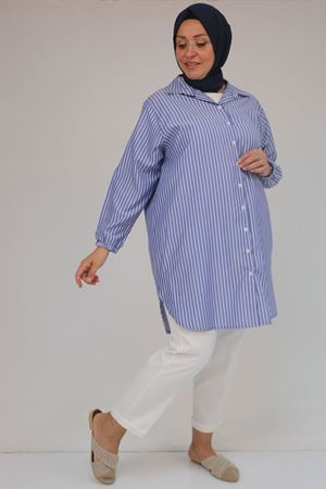 F-58098 Büyük Beden Erkek Yakalı Çizgili Poplin Gömlek - Lacivert