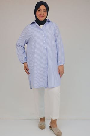 F-58098 Büyük Beden Erkek Yakalı Çizgili Poplin Gömlek - Çizgili Mavi