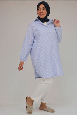 F-58098 Büyük Beden Erkek Yakalı Çizgili Poplin Gömlek - Çizgili Mavi