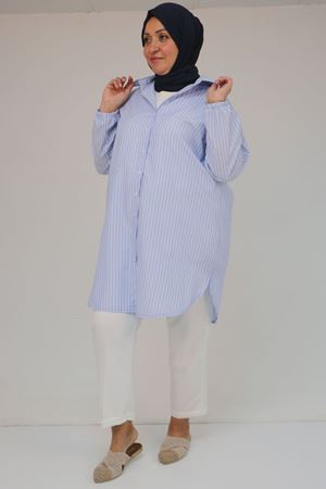 F-58098 Büyük Beden Erkek Yakalı Çizgili Poplin Gömlek - Çizgili Mavi