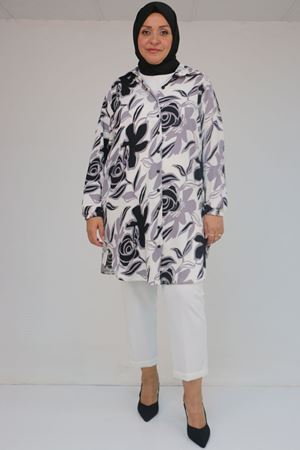 58031 Büyük Beden Erkek Yakalı Desenli Bürümcük Gömlek Tunik - Gri-Siyah