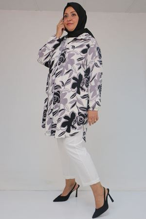 58031 Büyük Beden Erkek Yakalı Desenli Bürümcük Gömlek Tunik - Gri-Siyah