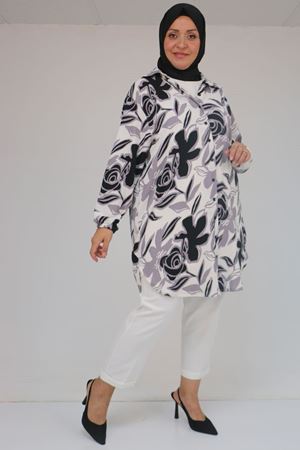 58031 Büyük Beden Erkek Yakalı Desenli Bürümcük Gömlek Tunik - Gri-Siyah