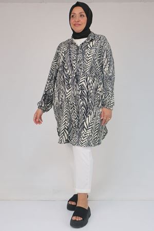58031 Büyük Beden Erkek Yakalı Desenli Bürümcük Gömlek Tunik - Siyah - Gri
