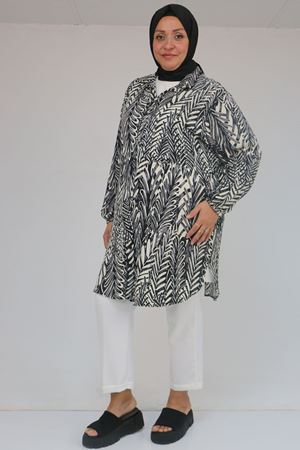 58031 Büyük Beden Erkek Yakalı Desenli Bürümcük Gömlek Tunik - Siyah - Gri