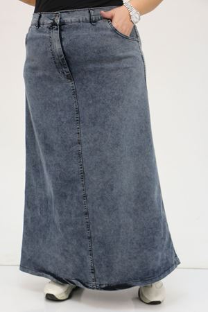 F-45008-2 Büyük Beden Önden Düğmeli Kar Yıkama Kot Etek - Soğuk Mavi