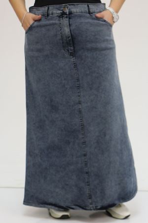 F-45008-2 Büyük Beden Önden Düğmeli Kar Yıkama Kot Etek - Soğuk Mavi