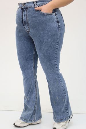 F-9203 Büyük Beden Kemerli Paçası Taş Detaylı Kot Pantolon - Mavi
