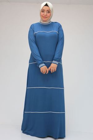 F-42022 Büyük Beden Ara Biyeli Penye Elbise - Petrol