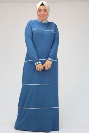 F-42022 Büyük Beden Ara Biyeli Penye Elbise - Petrol