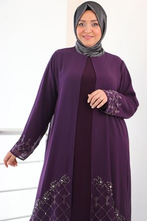 F-42002 Büyük Beden Eteği Taş Detaylı Sandy - Şifon Takım- Mürdüm