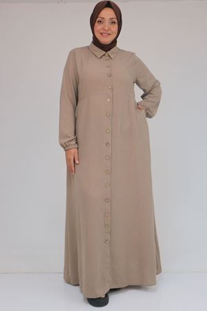 F-52024 Büyük Beden Desenli Keten Erkek Yakalı Elbise - Vizon