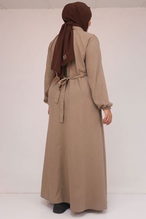 F-52024 Büyük Beden Desenli Keten Erkek Yakalı Elbise - Vizon