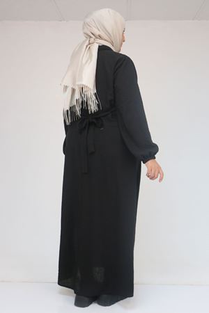 F-52024 Büyük Beden Desenli Keten Erkek Yakalı Elbise - Siyah