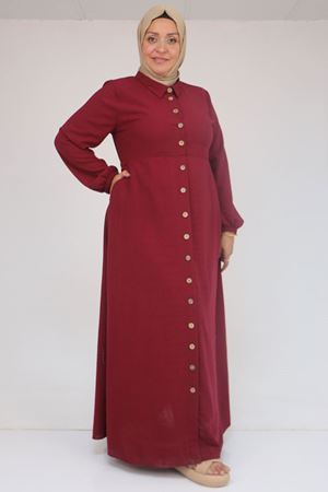 F-52024 Büyük Beden Desenli Keten Erkek Yakalı Elbise - Bordo