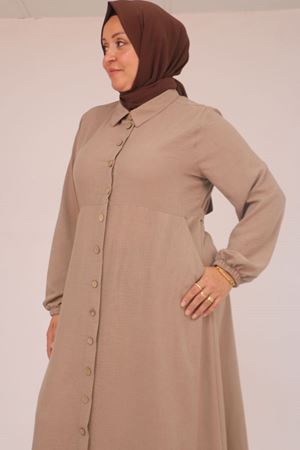 F-52024 Büyük Beden Desenli Keten Erkek Yakalı Elbise - Vizon