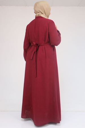 F-52024 Büyük Beden Desenli Keten Erkek Yakalı Elbise - Bordo