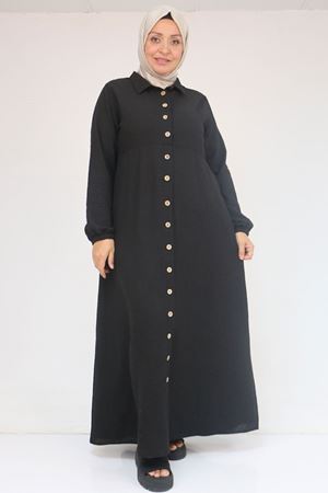 F-52024 Büyük Beden Desenli Keten Erkek Yakalı Elbise - Siyah