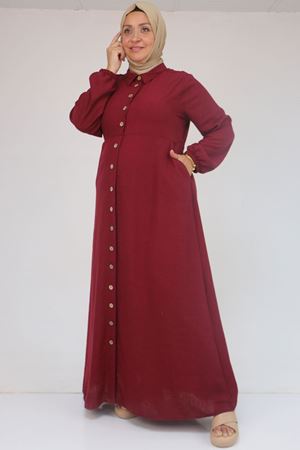 F-52024 Büyük Beden Desenli Keten Erkek Yakalı Elbise - Bordo