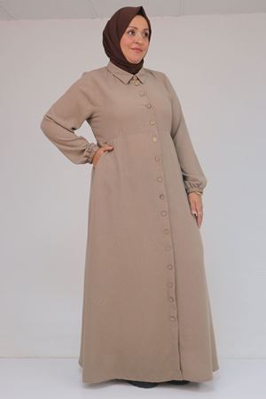 F-52024 Büyük Beden Desenli Keten Erkek Yakalı Elbise - Vizon