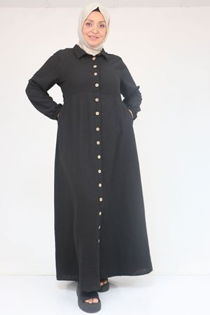 F-52024 Büyük Beden Desenli Keten Erkek Yakalı Elbise - Siyah