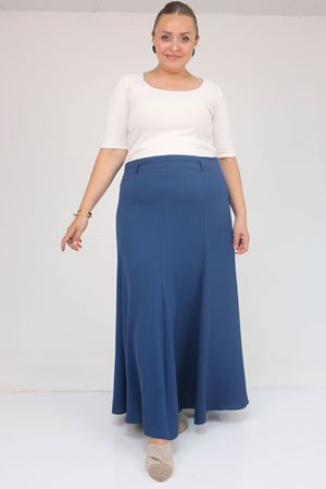 55002 Büyük Beden Kemerli Yandan Fermuarlı Etek - İndigo
