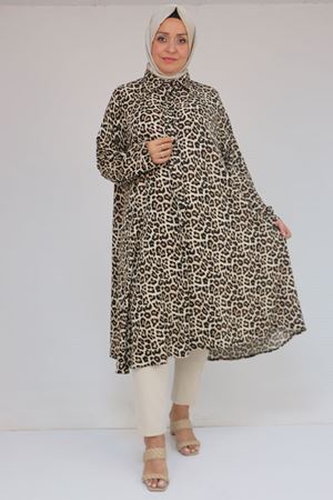 58083 Büyük Beden Mevlana Desenli Bürümcük Gömlek - Kahve-Vizon
