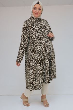 58083 Büyük Beden Mevlana Desenli Bürümcük Gömlek - Kahve-Vizon