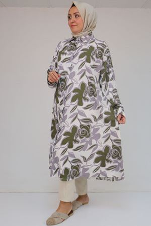 58083 Büyük Beden Mevlana Desenli Bürümcük Gömlek - Gri-Haki