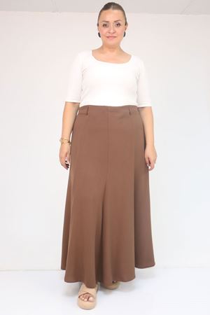 55002 Büyük Beden Kemerli Yandan Fermuarlı Etek - Kahve