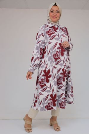 58083 Büyük Beden Mevlana Desenli Bürümcük Gömlek - Gri-Bordo