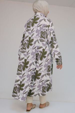 58083 Büyük Beden Mevlana Desenli Bürümcük Gömlek - Gri-Haki