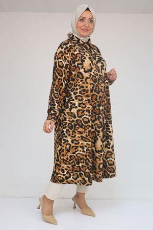 58083 Büyük Beden Mevlana Desenli Bürümcük Gömlek - Siyah-Leopar