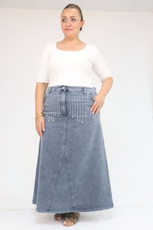 45010 Büyük Beden Parçalı Model Kot Etek - Kar Yıkama Mavi