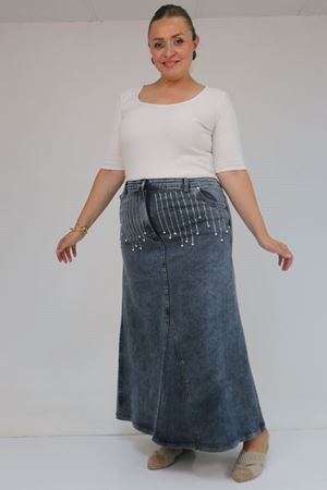 45010 Büyük Beden Parçalı Model Kot Etek - Soğuk Mavi