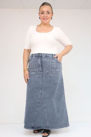 45010 Büyük Beden Parçalı Model Kot Etek - Mavi