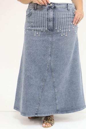 45010 Büyük Beden Parçalı Model Kot Etek - Kar Yıkama Mavi