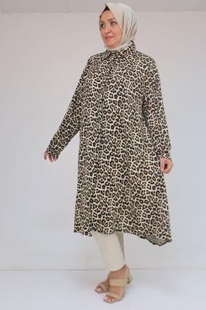 58083 Büyük Beden Mevlana Desenli Bürümcük Gömlek - Kahve-Vizon