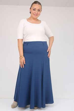 55002 Büyük Beden Kemerli Yandan Fermuarlı Etek - İndigo