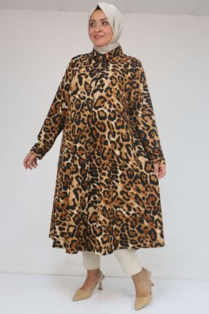 58083 Büyük Beden Mevlana Desenli Bürümcük Gömlek - Siyah-Leopar
